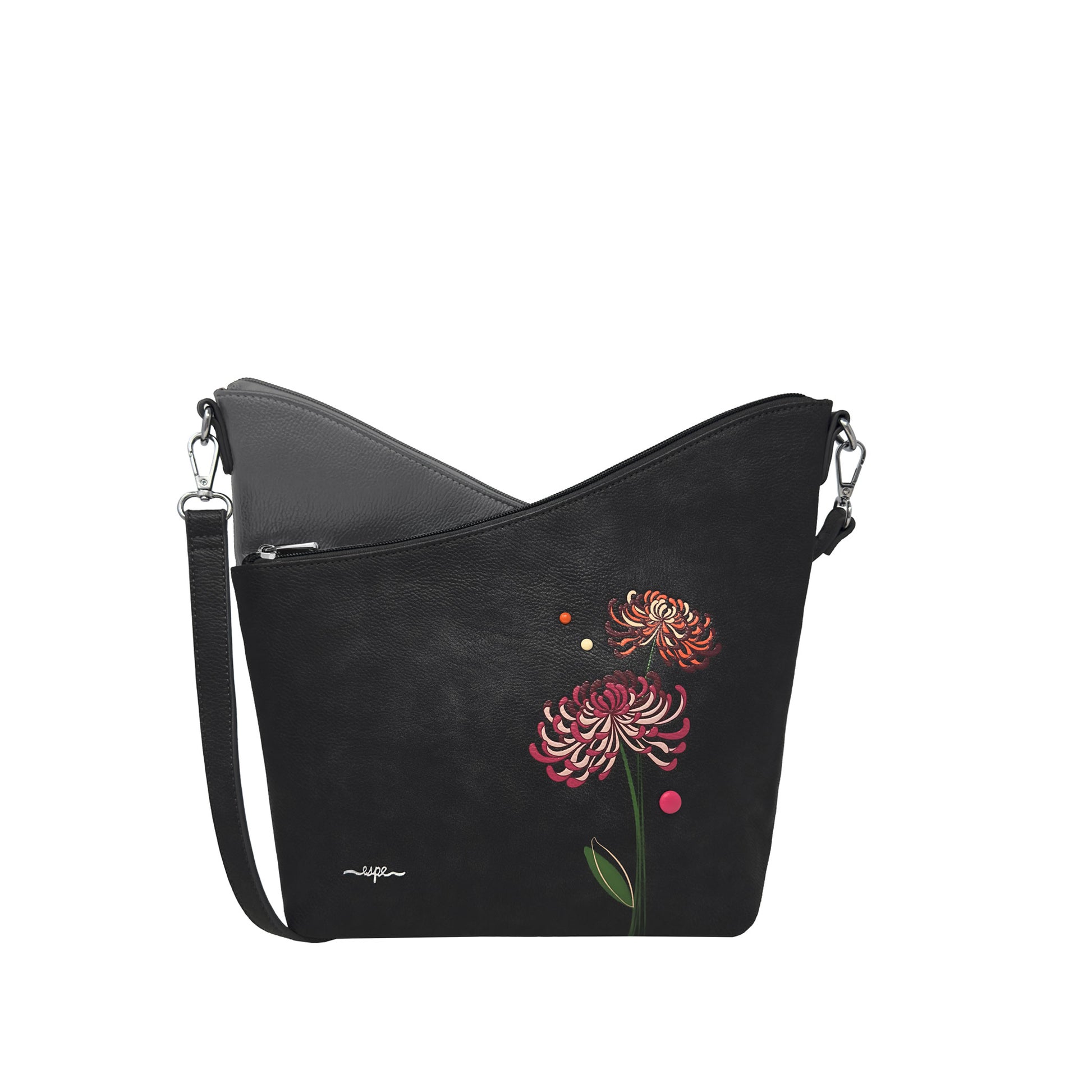 Espe Mae Crossbody by Espe—black floral, adjustable strap, vegan and cruelty-free bag against a white background.