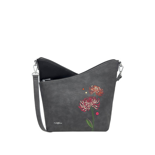 Product Image – Espe Mae Crossbody by Espe, grey floral vegan bag with silver strap, shown on a white background.
