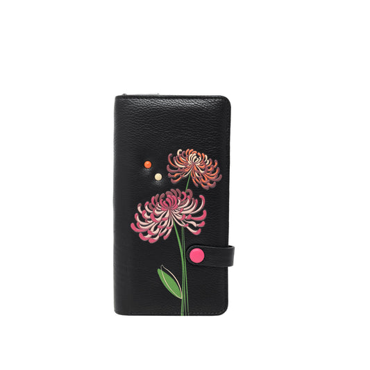 Product Image – The Espe Mae Clutch Wallet is a black vegan wallet with a pink-orange floral motif and snap closure.