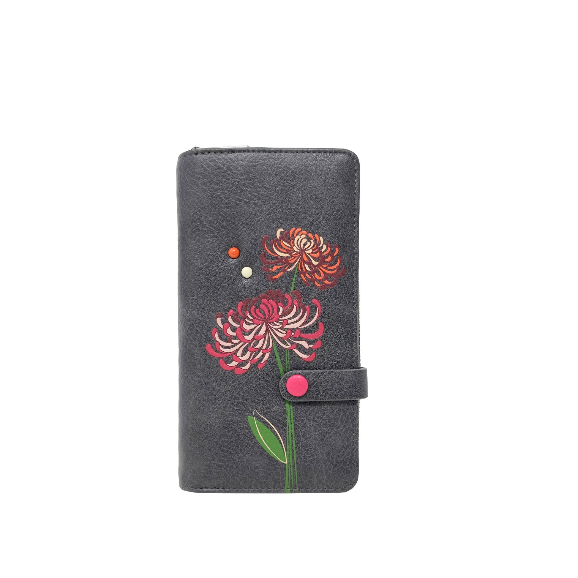 Espe Mae Clutch Wallet: dark grey vegan wallet with snap closure, pink-red floral motif, and front studs.