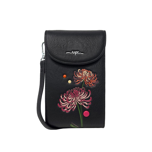 Product Image – Espe Mae I Mini Crossbody: black vegan bag with floral design and a small silver logo on the flap.