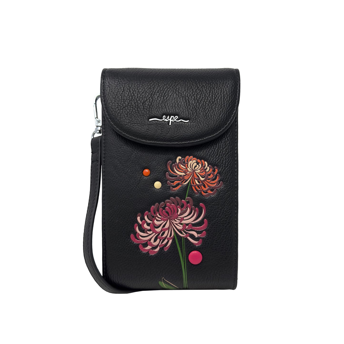 Espe Mae I Mini Crossbody: black vegan bag with floral design and a small silver logo on the flap.