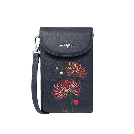 Product Image – The Espe Mae I Mini Crossbody is a navy floral wristlet with metal logo—ideal for chic, hands-free travel.