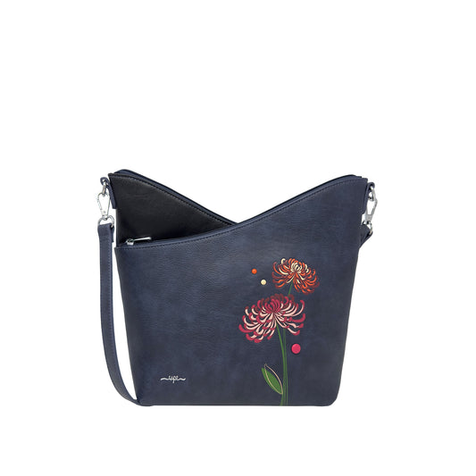 Product Image – The Espe Mae Crossbody by Espe is a navy floral bag with silver hardware and cruelty-free materials.