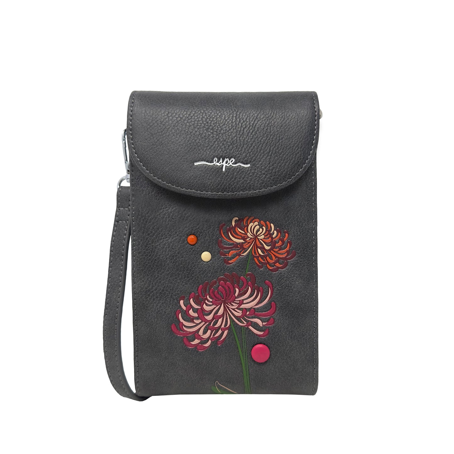 The Espe Mae I Mini Crossbody is a black purse with floral embroidery and small colored accents on the front.