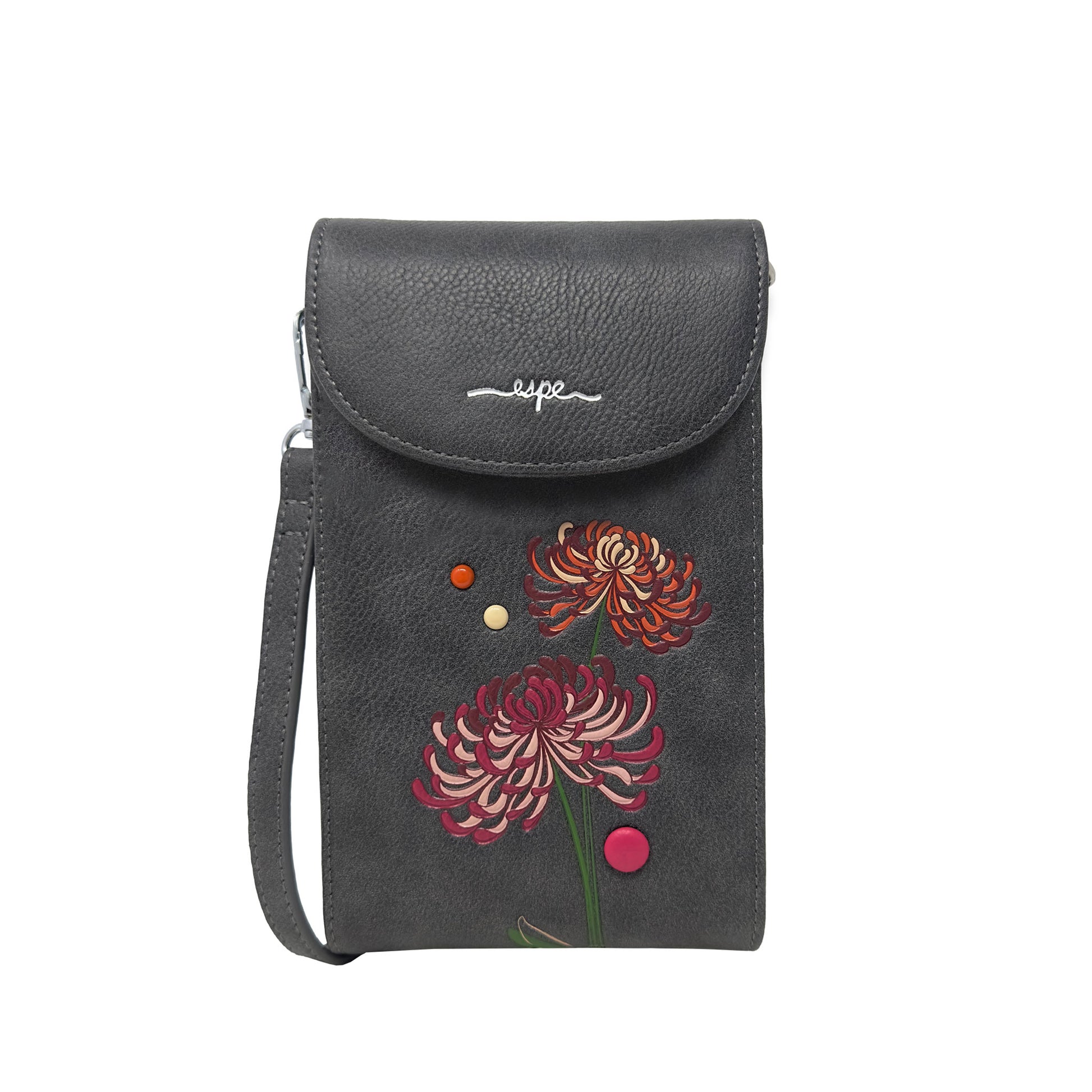 The Espe Mae I Mini Crossbody is a black purse with floral embroidery and small colored accents on the front.
