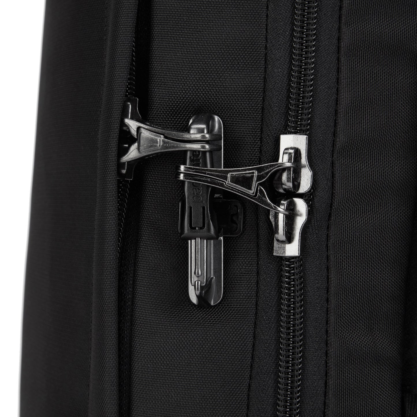 Close up of lockable zipper pulls on black Pacsafe® X Anti-Theft 13-Inch Commuter Backpack