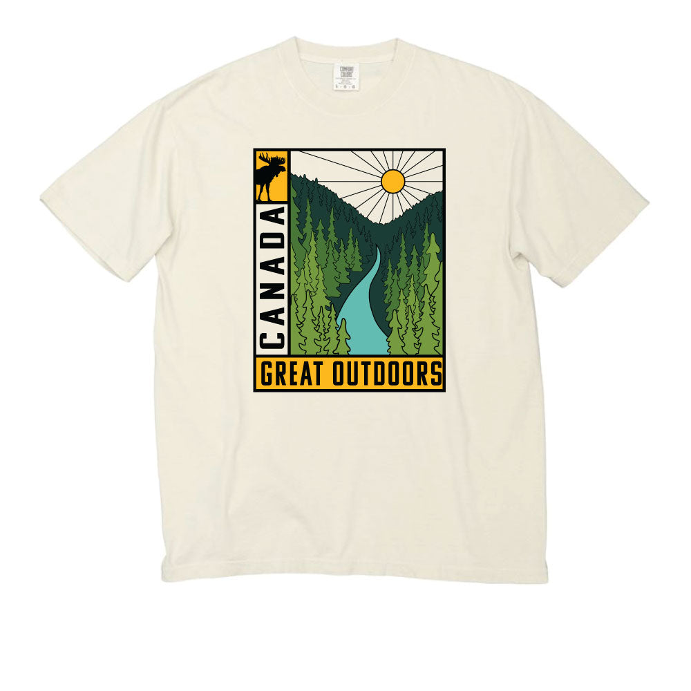 GGS Unisex Scenic Canada T-Shirt - ONLINE ONLY, 100% cotton with trees, river, sun & "CANADA GREAT OUTDOORS".
