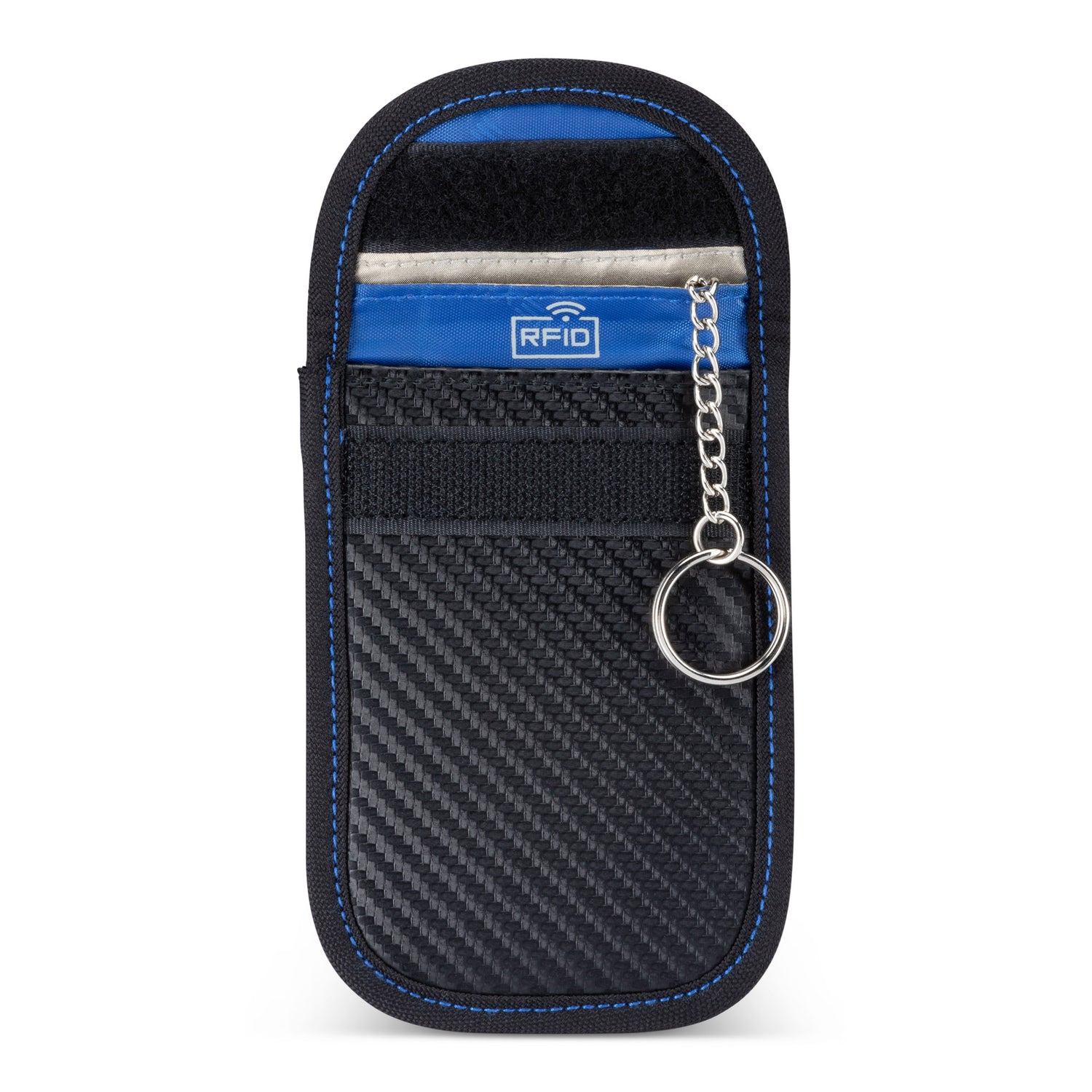Nextech RFID Car Key Signal Blocker, black with blue side stitching, open with key ring hanging out