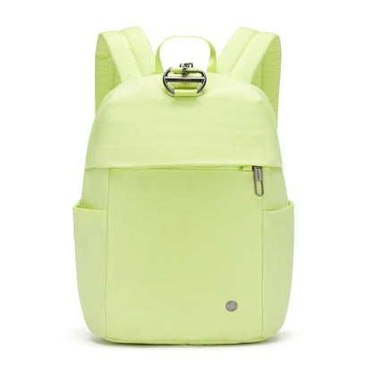 The Pacsafe® CX 8L Backpack Petite - ONLINE ONLY is a matcha green, anti-theft, regenerated nylon pack with pockets.