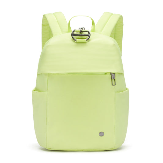 Product Image – The Pacsafe® CX 8L Backpack Petite - ONLINE ONLY is a matcha green, anti-theft, regenerated nylon pack with pockets.