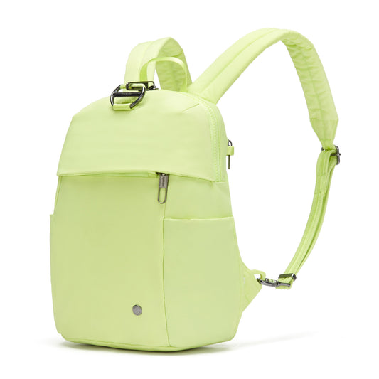 Product Image – Pacsafe® CX Anti-theft 8L Backpack Petite is lightweight, matcha green, has adjustable straps, front buckle & pocket.
