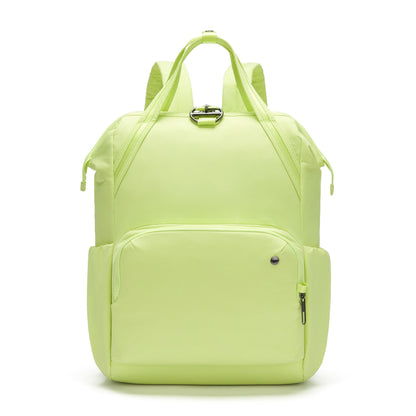 A matcha green Pacsafe® CX Anti-theft 17L Backpack with front pocket and straps, against a white background.