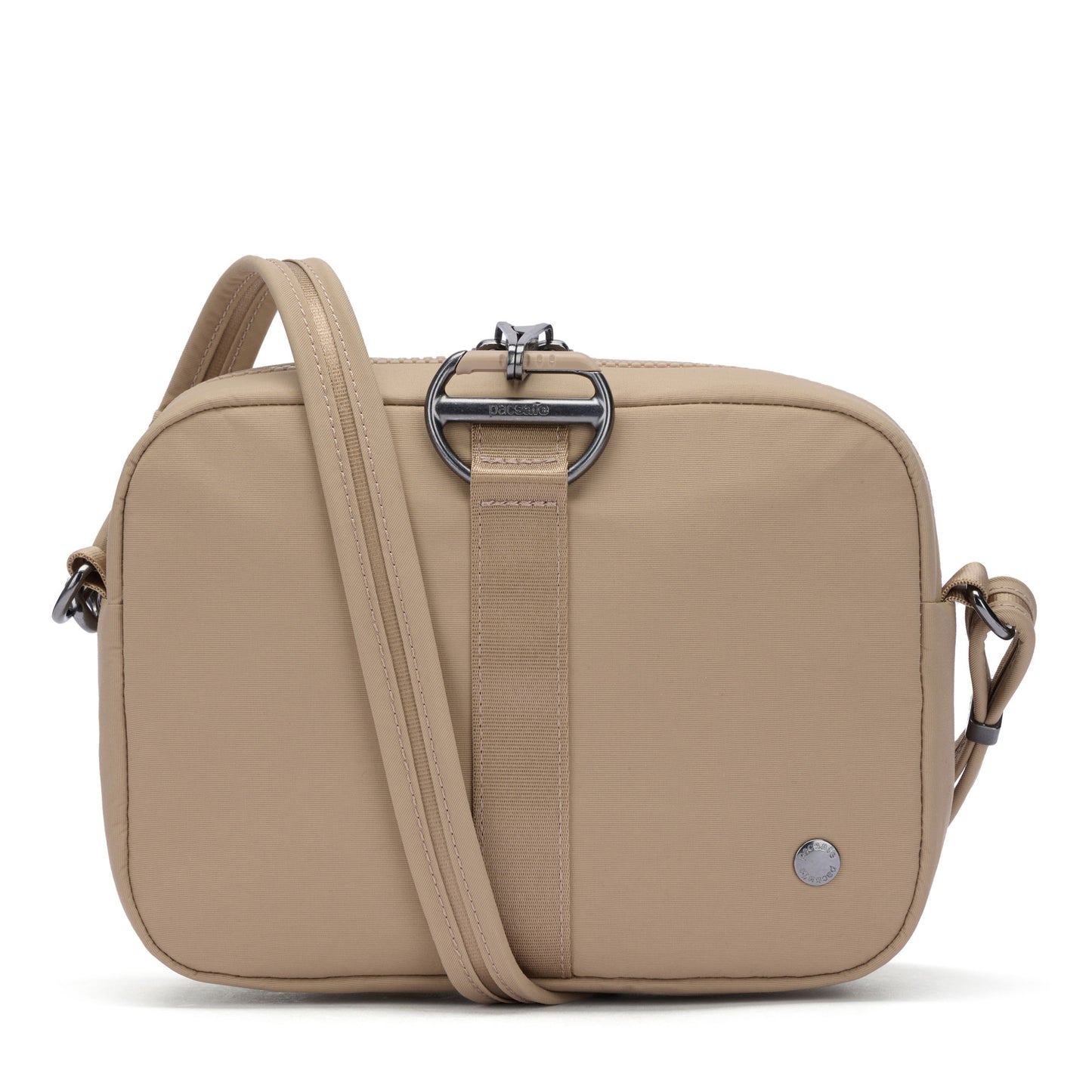 Pacsafe® CX Anti-theft Square Crossbody in beige with RFIDsafe pockets, buckle detail, and adjustable strap.