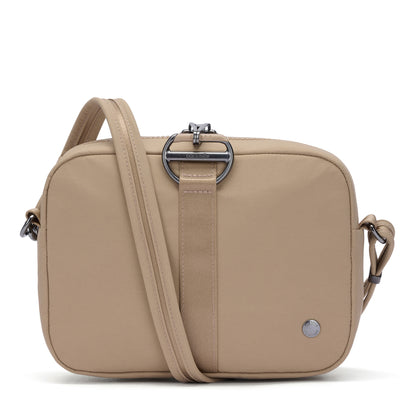 Pacsafe® CX Anti-theft Square Crossbody in beige with RFIDsafe pockets, buckle detail, and adjustable strap.