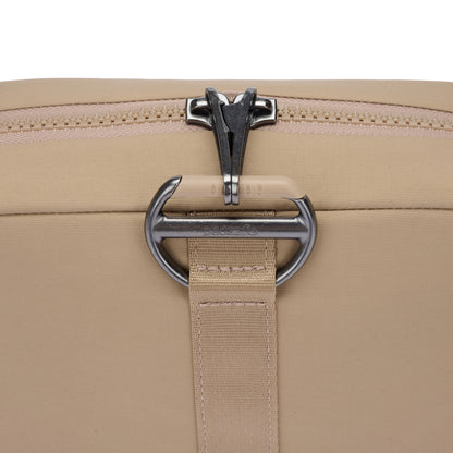 Close-up of the Pacsafe® CX Anti-theft Square Crossbody with RFIDsafe pockets, metal zipper, and silver buckle.