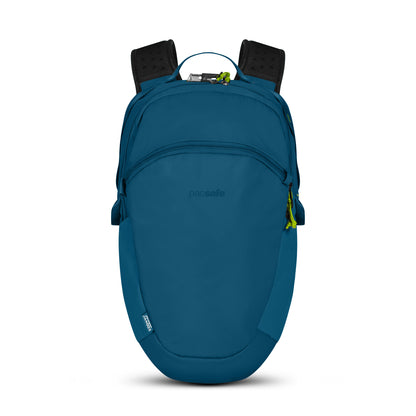 Pacsafe® ECO 18L Anti-theft Backpack in tidal teal ECONYL® with black straps and green zippers on a white background.