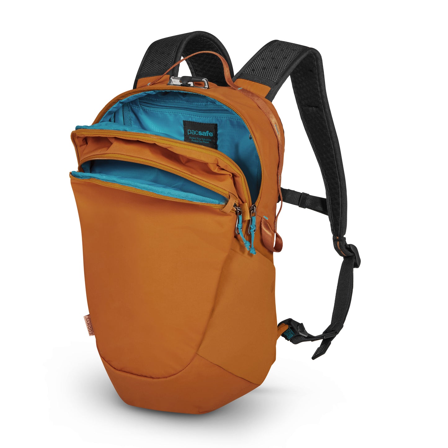 Pacsafe® ECO 18L Anti-theft Backpack, canyon orange colour, front angled view with front and main compartments unzipped