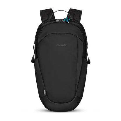 The Pacsafe® ECO 25L Anti-theft Backpack is sleek, black, sustainable with ergonomic straps and a top zipper.