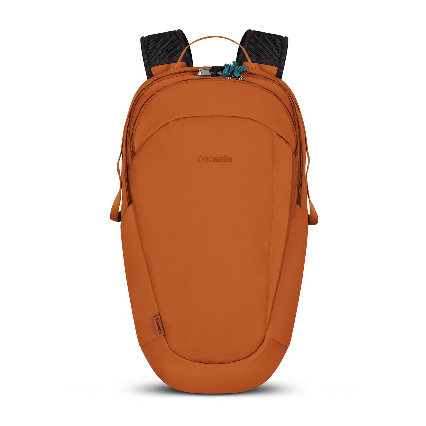 Pacsafe® ECO 25L Anti-theft Backpack, canyon orange colour with black straps, front view