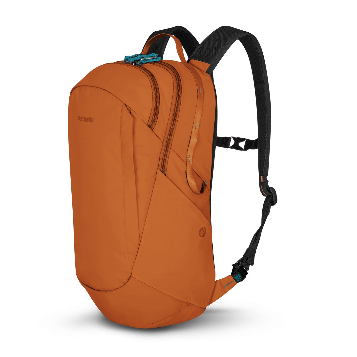 Pacsafe® ECO 25L Anti-theft Backpack, canyon orange colour with black straps, front angled view