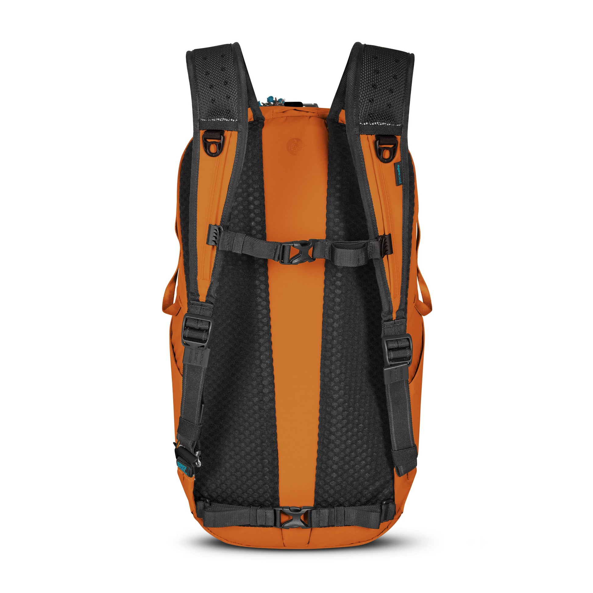 Pacsafe® ECO 25L Anti-theft Backpack, canyon orange colour with black straps, back view