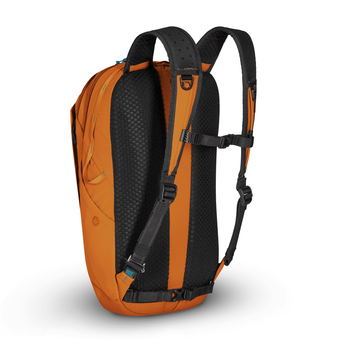 Pacsafe® ECO 25L Anti-theft Backpack, canyon orange colour with black straps, back angled view