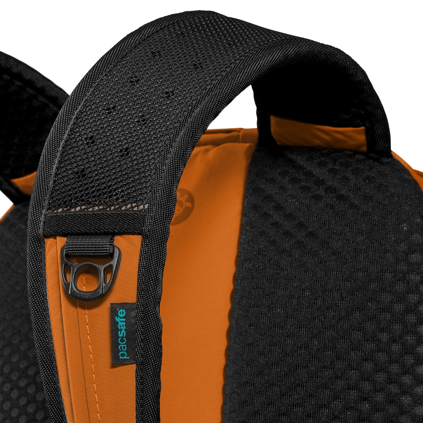 Close up of black venting mesh on shoulder strap of Pacsafe® ECO 25L Anti-theft Backpack