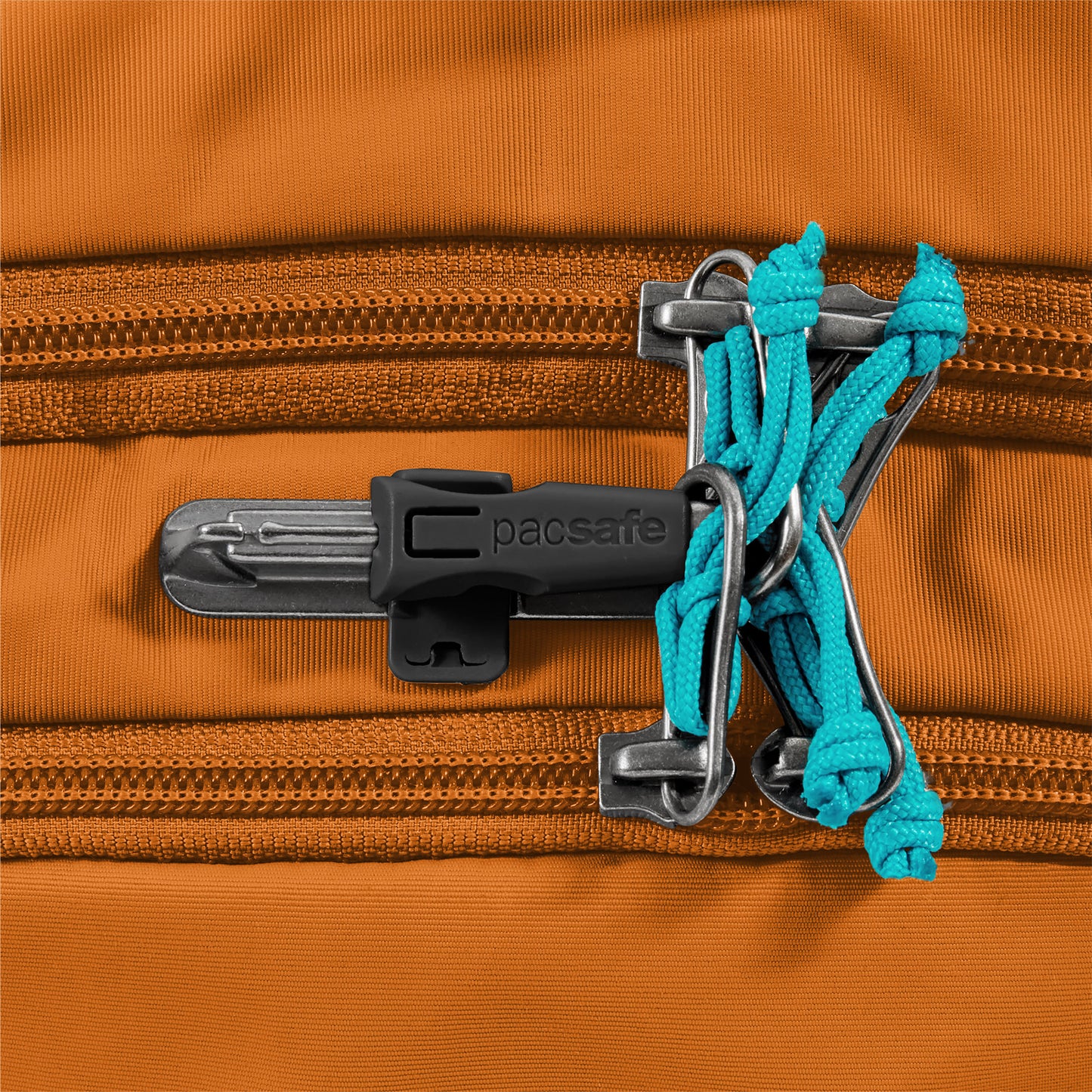 Close up of lockable zipper pulls on canyon Pacsafe® ECO 25L Anti-theft Backpack