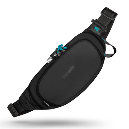 Pacsafe® ECO Anti-Theft Waist Pack: made with recycled materials, black with turquoise accents, adjustable strap.