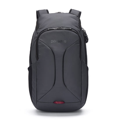 A Pacsafe® EXP 28L Anti-Theft Backpack in black with front zip pocket and side compartments, on white background.