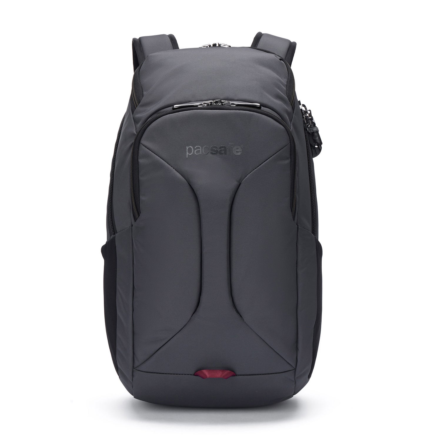 A Pacsafe® EXP 28L Anti-Theft Backpack in black with front zip pocket and side compartments, on white background.