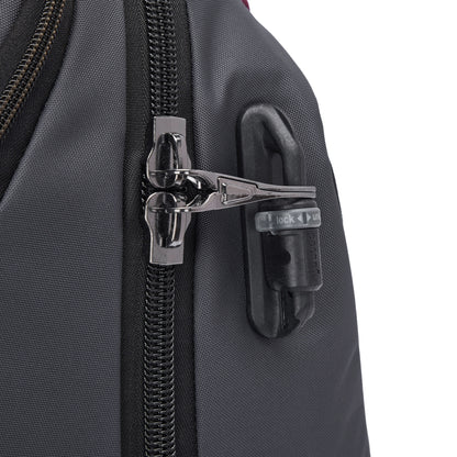 A close-up of the Pacsafe® EXP 28L Anti-Theft Backpack’s zipper with a black and silver combination lock.