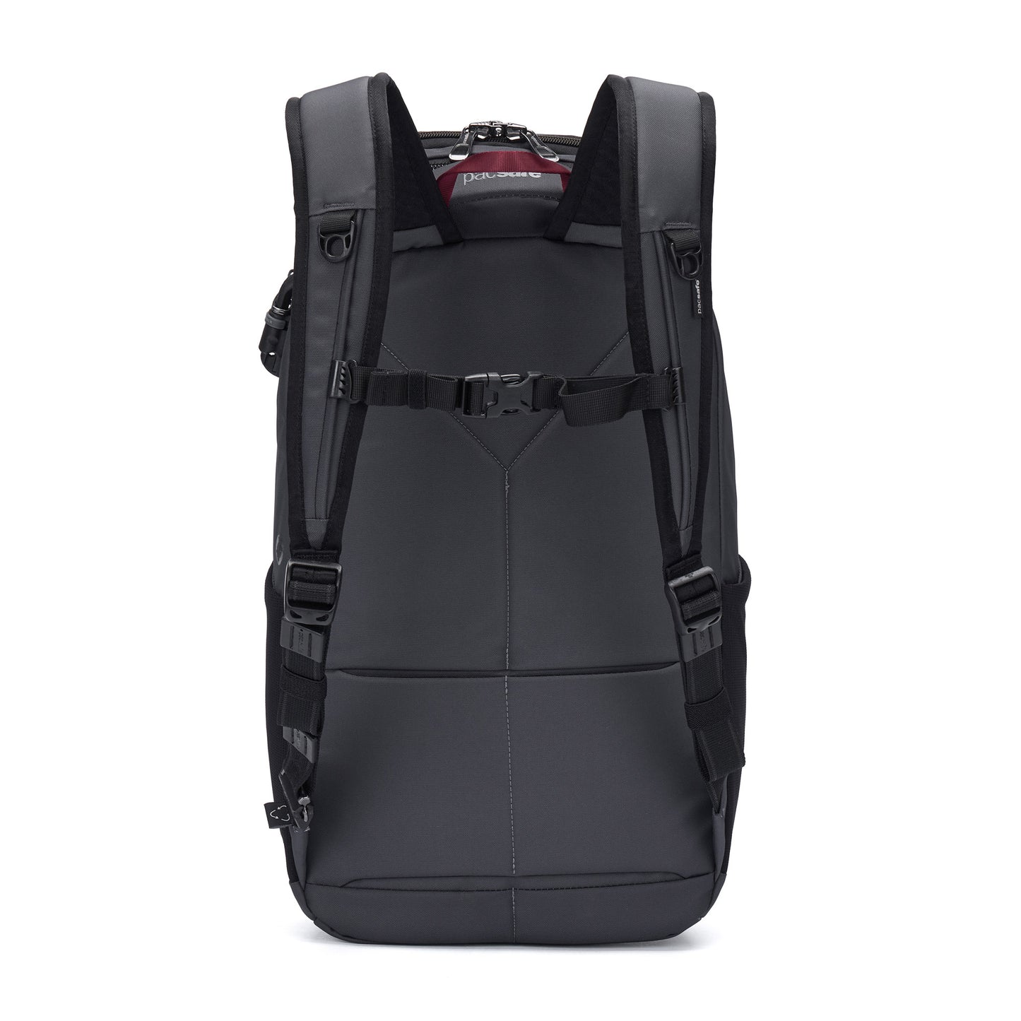 Black Pacsafe® EXP 28L Anti-Theft Backpack shown from the back, with padded straps and sleek design details.