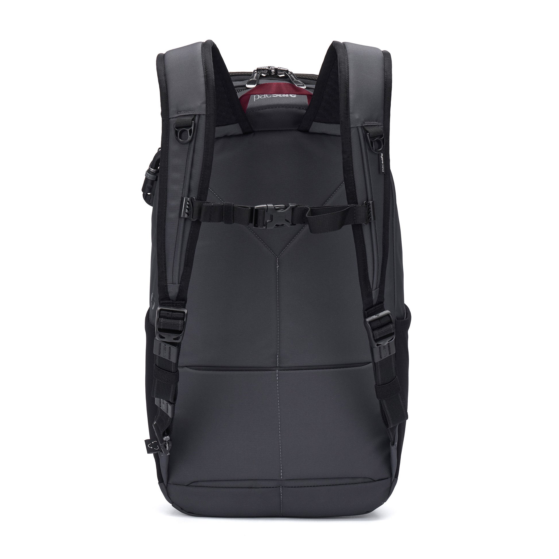 Black Pacsafe® EXP 28L Anti-Theft Backpack shown from the back, with padded straps and sleek design details.