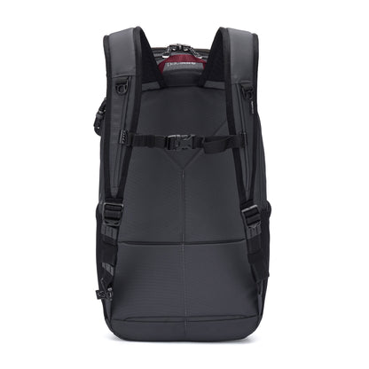 Black Pacsafe® EXP 28L Anti-Theft Backpack shown from the back, with padded straps and sleek design details.