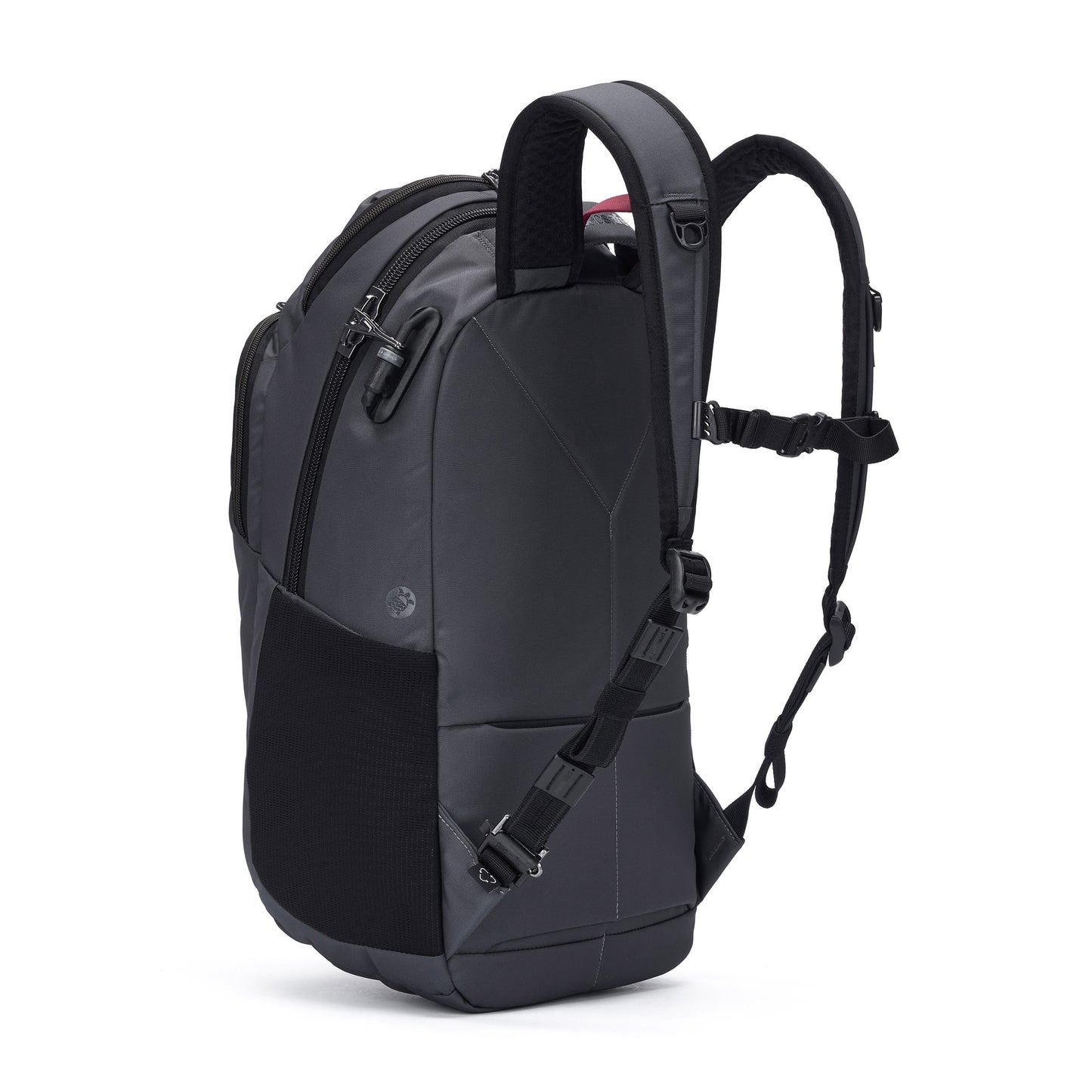 Pacsafe® EXP 28L anti-theft backpack in black and gray with padded straps, side pocket, and zip compartments.