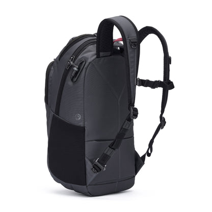 Pacsafe® EXP 28L anti-theft backpack in black and gray with padded straps, side pocket, and zip compartments.