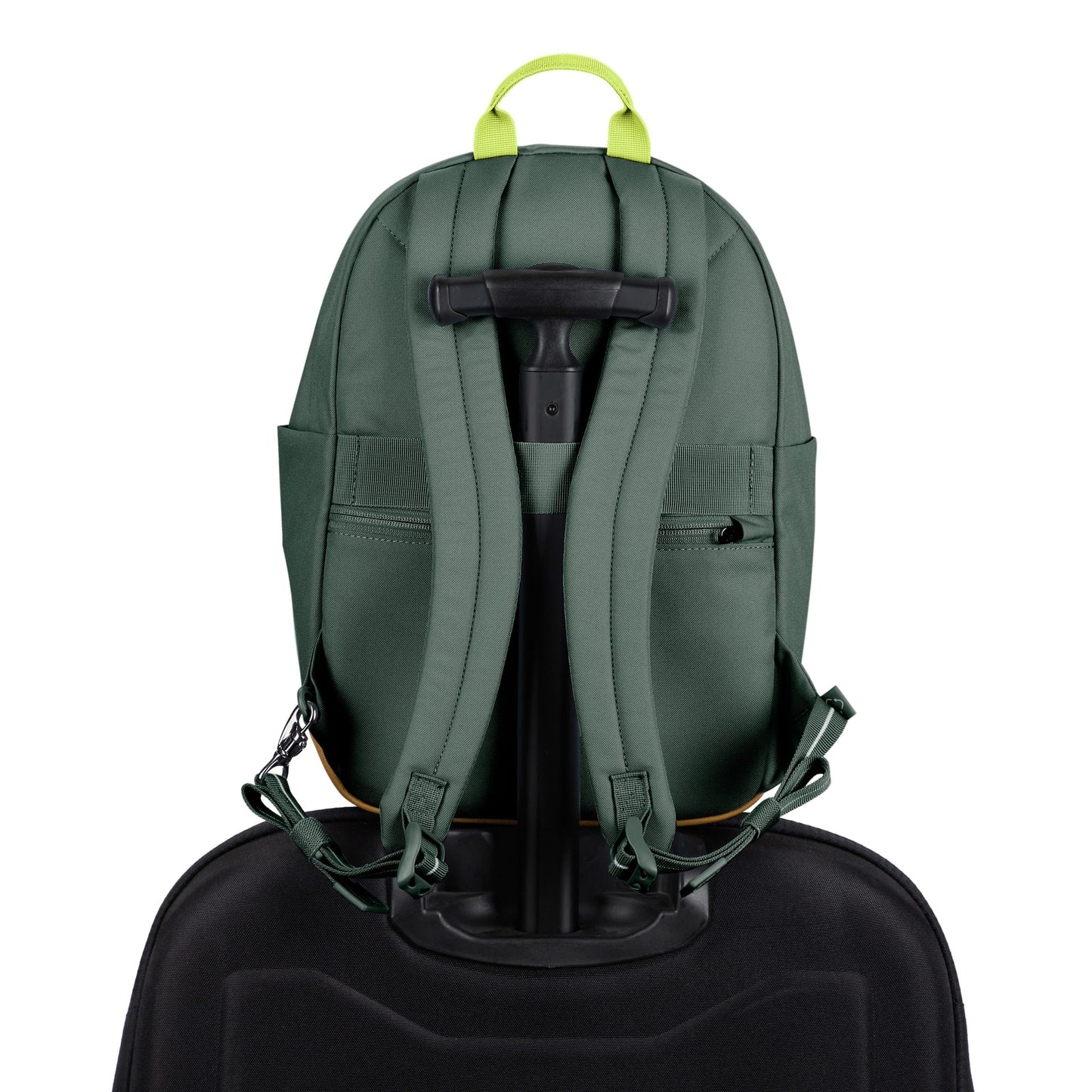 Pacsafe® Go 15L Anti-theft Backpack in spruce green colour secured onto the extended handle of a full sized wheeled luggage.