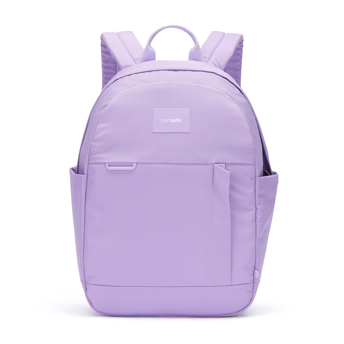 Pacsafe® GO 15L light purple recycled polyester backpack with side and front zipper pockets on white background.
