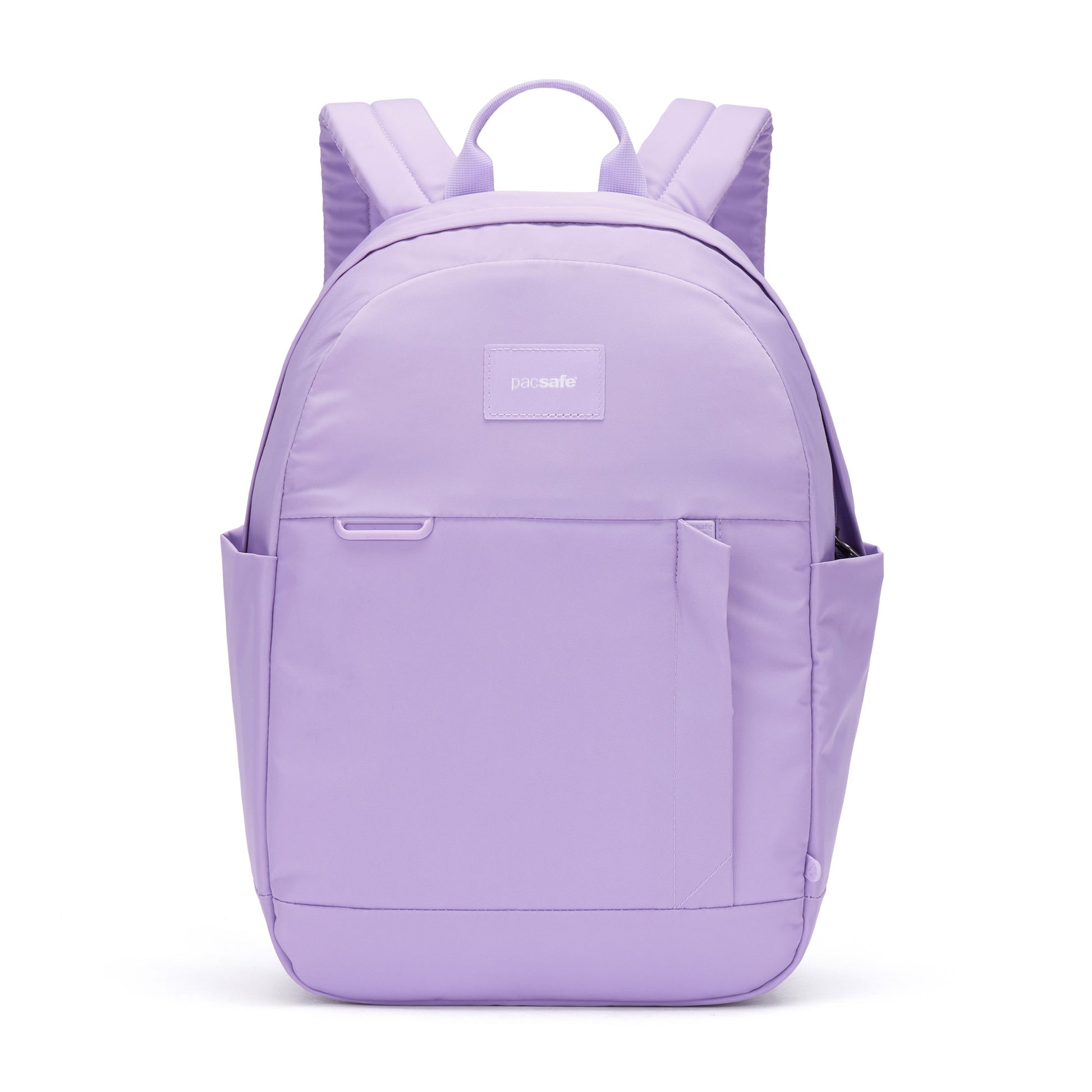 Pacsafe® GO 15L light purple recycled polyester backpack with side and front zipper pockets on white background.