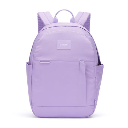 Pacsafe® GO 15L light purple recycled polyester backpack with side and front zipper pockets on white background.