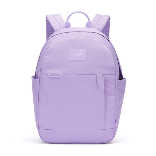 Product Image – Pacsafe® GO 15L light purple recycled polyester backpack with side and front zipper pockets on white background.