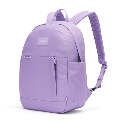 Pacsafe® GO 15L Anti-theft Backpack in light purple with padded straps, RFID pocket, and side pocket.