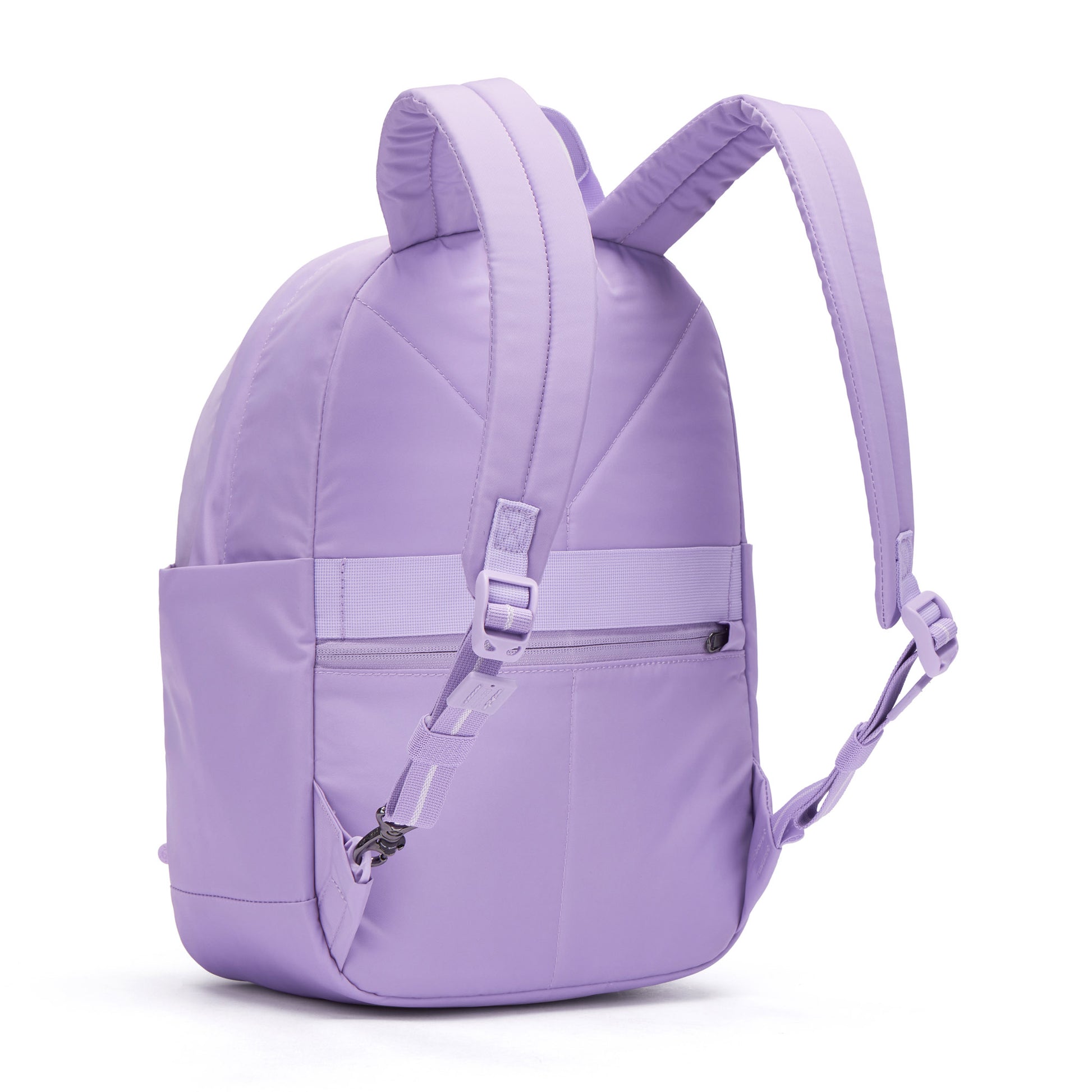 Pacsafe® GO 15L light purple anti-theft backpack with padded straps, side pockets, and RFID blocking pocket.