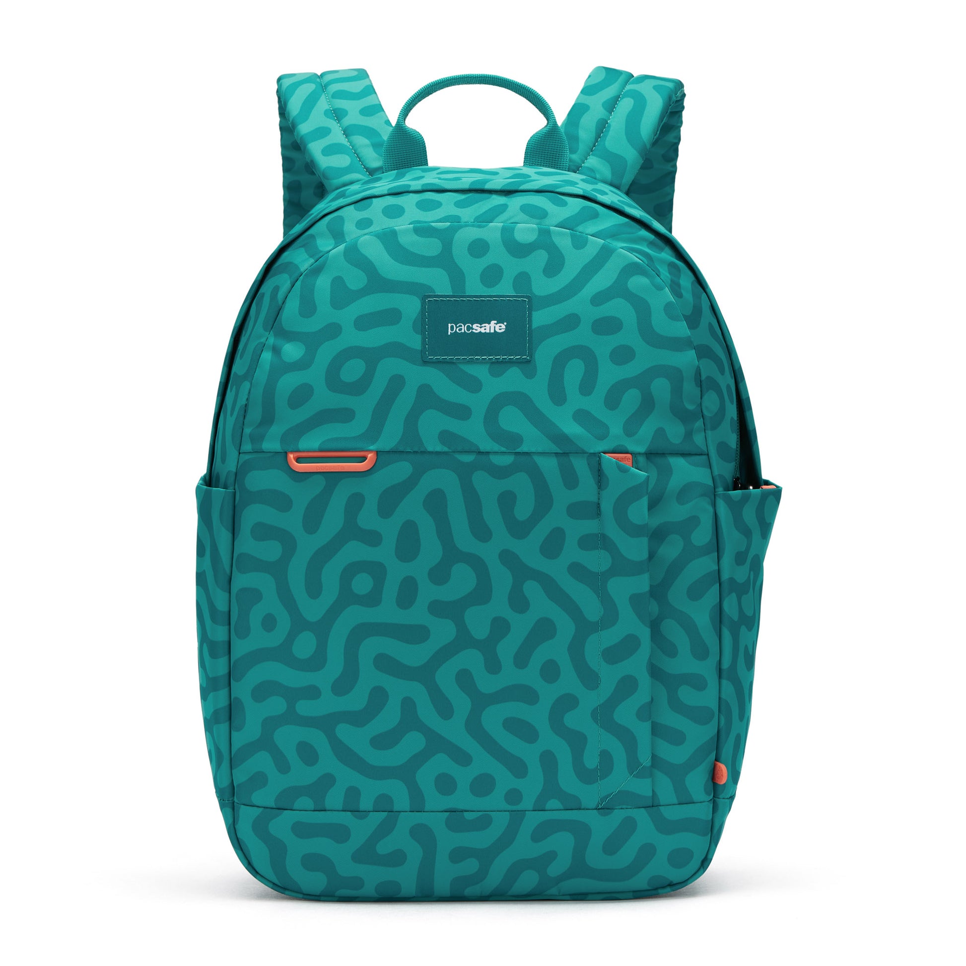 Pacsafe GO 15L backpack in reef green abstract print, front view.