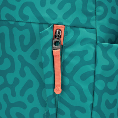 Close up of front zipper pocket with security tab for zipper pull.