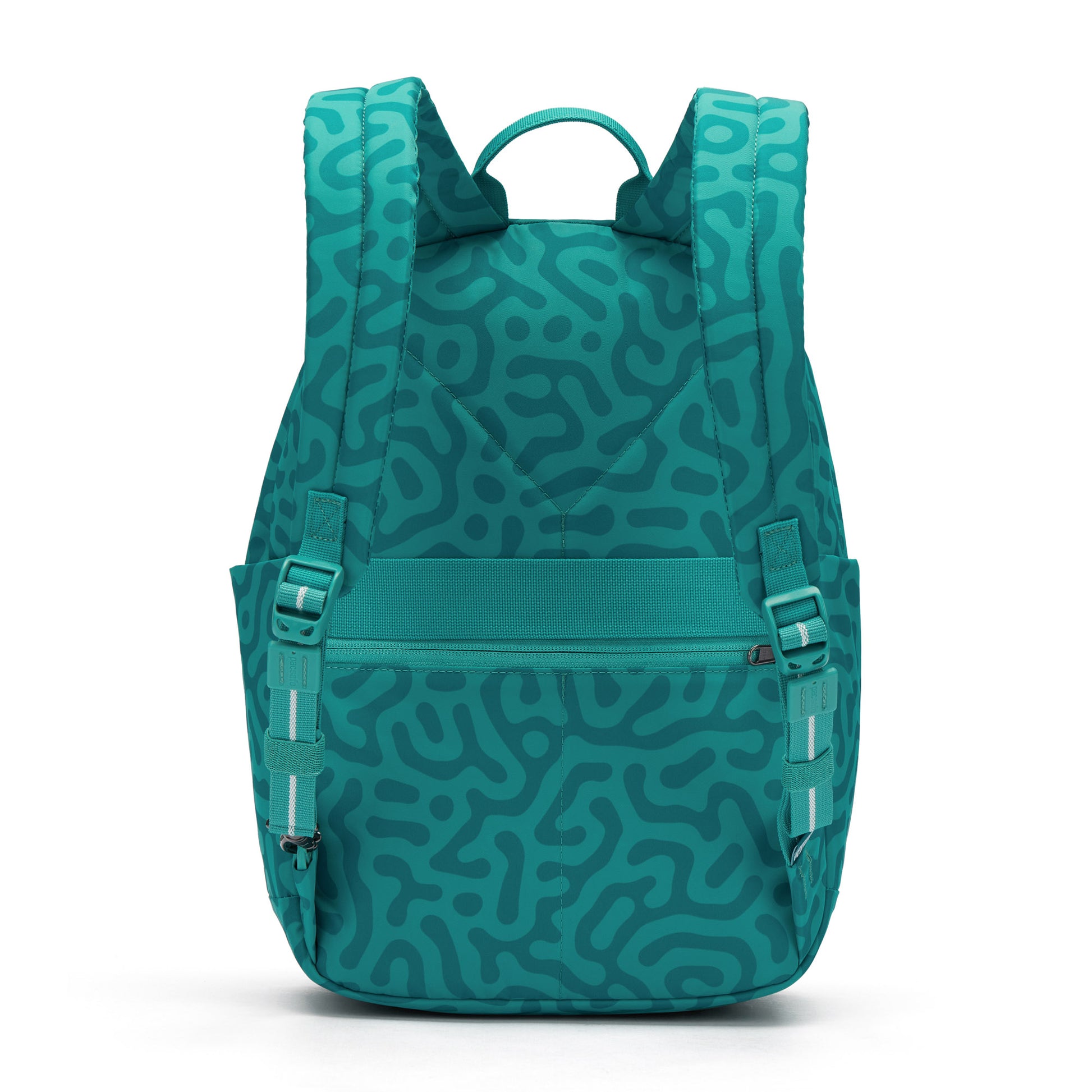Pacsafe GO 15L backpack in reef green abstract print, back view.