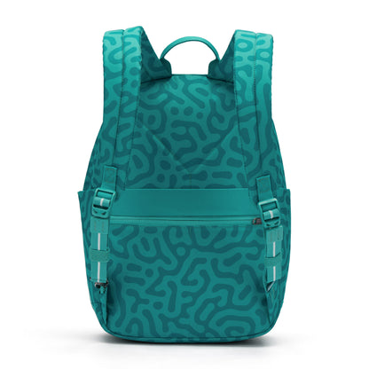 Pacsafe GO 15L backpack in reef green abstract print, back view.