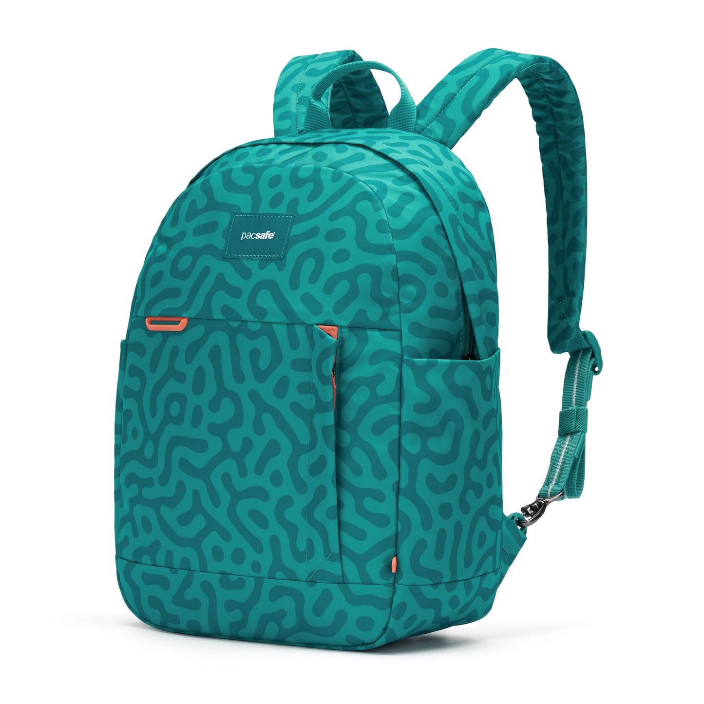 Pacsafe GO 15L backpack in reef green abstract print, front angled view.